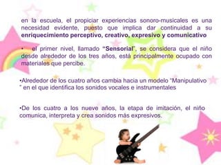 De igual modo, deberemos tener presente que el oído empieza a funcionar desde el 6º mes de vida prenatal y está estimulado por cualquier sonido con consecuencias benéficas sobre el desarrollo de la inteligencia musical primordial que después del nacimiento estimular cualquier iniciativa como son:
