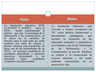 La Institución educativa JOSE             La Institución Educativa José
ACEVEDO Y GOMEZ,               hacia el   Acevedo y Gómez incorporara las
2020,       tendrá implementado la
política que rige la tecnología de la     TIC como política Institucional y
información y las comunicación, en        herramientas      pedagógicas    que
el marco de la inclusión de               faciliten la formación de los
derecho, para lo cual todas las sedes     educandos integrales y competitivos
contaran con salas de sistema y
plantas eléctrica, con el propósito de    en el manejo y uso de las Tecnologías
hacer uso de las herramientas de las      de      las  Información      y    la
TICS, los procesos académicos de          Comunicación, en aras de fortalecer
enseñanza aprendizaje y gestiones         su cultural y la conservación de
directivas,    proyectando     a los
educando         como       ciudadanos    recursos naturales y del medio
competitivo de talla mundial.             ambiente consolidando así su
                                          proyecto de vida.
 