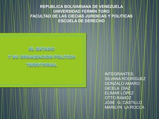 REPUBLICA BOLIVARIANA DE VENEZUELA 
UNIVERSIDAD FERMIN TORO 
FACULTAD DE LAS CIECIAS JURIDICAS Y POLITICAS 
ESCUELA DE DERECHO 
INTEGRANTES: 
SILVANA RODRÍGUEZ 
GONZALO AMARO 
GICELA DIAZ 
ELIMAR LÓPEZ 
OTTO RAMOZ 
JOSE G. CASTILLO 
MARILYN LA ROCCA 
 