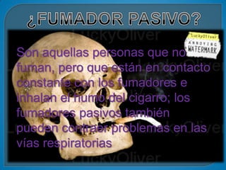 Son aquellas personas que no
fuman, pero que están en contacto
constante con los fumadores e
inhalan el humo del cigarro; los
fumadores pasivos también
pueden contraer problemas en las
vías respiratorias
 