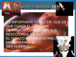 ES IMPORTANTE CONOCER, QUE ES LO
QUE CUASA EL CONSUME
DE TABACO, CUALES SON SUS
REACCIONES, EN SI
EL TABACO ES UNA SUSTANCIA
MALIGNA PARA EL
SER HUMANO……..
 