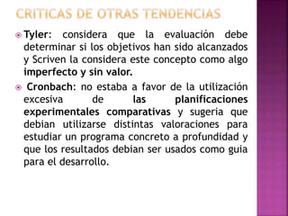  Tyler: considera que la evaluación debe
determinar si los objetivos han sido alcanzados
y Scriven la considera este concepto como algo
imperfecto y sin valor.
 Cronbach: no estaba a favor de la utilización
excesiva de las planificaciones
experimentales comparativas y sugeria que
debian utilizarse distintas valoraciones para
estudiar un programa concreto a profundidad y
que los resultados debian ser usados como guia
para el desarrollo.
 