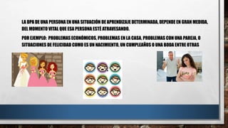 LA DPA DE UNA PERSONA EN UNA SITUACIÓN DE APRENDIZAJE DETERMINADA, DEPENDE EN GRAN MEDIDA,
DEL MOMENTO VITAL QUE ESA PERSONA ESTÉ ATRAVESANDO.
POR EJEMPLO: PROBLEMAS ECONÓMICOS, PROBLEMAS EN LA CASA, PROBLEMAS CON UNA PAREJA, O
SITUACIONES DE FELICIDAD COMO ES UN NACIMIENTO, UN CUMPLEAÑOS O UNA BODA ENTRE OTRAS
 