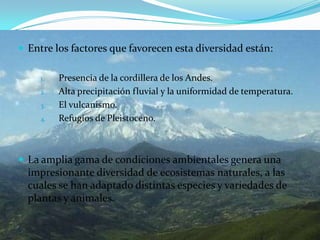 Entre los factores que favorecen esta diversidad están: Presencia de la cordillera de los Andes.Alta precipitación fluvial y la uniformidad de temperatura.El vulcanismo.Refugios de Pleistoceno.La amplia gama de condiciones ambientales genera una impresionante diversidad de ecosistemas naturales, a las cuales se han adaptado distintas especies y variedades de plantas y animales.