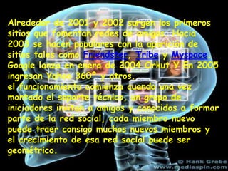 Alrededor de 2001 y 2002 surgen los primeros sitios que fomentan redes de amigos. Hacia 2003 se hacen populares con la aparición de sitios tales como Friendster, Tribe y Myspace.Google lanza en enero de 2004 Orkut Y En 2005 ingresan Yahoo 360º y otros.el funcionamiento comienza cuando una vez montado el soporte técnico, un grupo de iniciadores invitan a amigos y conocidos a formar parte de la red social, cada miembro nuevo puede traer consigo muchos nuevos miembros y el crecimiento de esa red social puede ser geométrico.