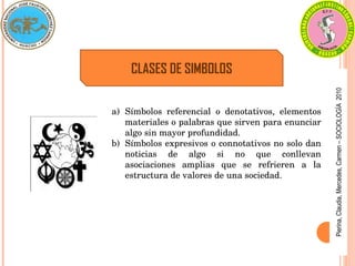 Pierina,
Claudia,
Mercedes,
Carmen
–
SOCIOLOGÍA
2010
CLASES DE SIMBOLOS
a) Símbolos  referencial  o  denotativos,  elementos 
materiales o palabras que sirven para enunciar 
algo sin mayor profundidad.
b) Símbolos expresivos o connotativos no solo dan 
noticias  de  algo  si  no  que  conllevan 
asociaciones  amplias  que  se  refrieren  a  la 
estructura de valores de una sociedad.
 