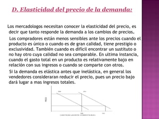 D. Elasticidad del precio de la demanda:
 
Los mercadologos necesitan conocer la elasticidad del precio, es
decir que tanto responde la demanda a los cambios de precios.
    Los compradores están menos sensibles ante los precios cuando el
producto es único o cuando es de gran calidad, tiene prestigio o
exclusividad. También cuando es difícil encontrar un sustituto o
no hay otro cuya calidad no sea comparable. En ultima instancia,
cuando el gasto total en un producto es relativamente bajo en
relación con sus ingresos o cuando se comparte con otros.
    Si la demanda es elástica antes que inelástica, en general los
vendedores consideraran reducir el precio, pues un precio bajo
dará lugar a mas ingresos totales.
 