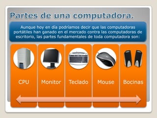 Partes de una computadora.Aunque hoy en día podríamos decir que las computadoras portátiles han ganado en el mercado contra las computadoras de escritorio, las partes fundamentales de toda computadora son: