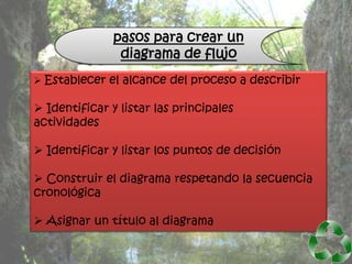 pasos para crear un
                diagrama de flujo
 Establecer el alcance del proceso a describir

 Identificar y listar las principales
actividades

 Identificar y listar los puntos de decisión

 Construir el diagrama respetando la secuencia
cronológica

 Asignar un título al diagrama
 