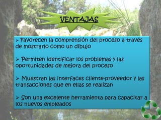 VENTAJAS


 Favorecen la comprensión del proceso a través
de mostrarlo como un dibujo

 Permiten identificar los problemas y las
oportunidades de mejora del proceso

 Muestran las interfaces cliente-proveedor y las
transacciones que en ellas se realizan

 Son una excelente herramienta para capacitar a
los nuevos empleados
 