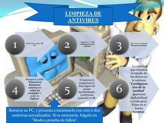 LIMPIEZA DE
                                   ANTIVIRUS



  1      Seleccione, Inicio, Mi
                  PC
                                  2      Haga clic en "Ver
                                         información del
                                             sistema"
                                                             3   Seleccione la etiqueta
                                                                 "Restaurar sistema"




                                                                   La opción
                                                                 que muestra
                                                                  el estado de
                                                                 los discos en
         Marque la casilla               El sistema le             la ventana
          "Desactivar                   preguntará si            "Configurac

 4                                5                          6
           Restaurar                    está seguro de
          sistema en                                                ión de la
            todas las
                                            querer
                                       deshabilitarlo.              unidad"
          unidades" y
             pulse en                    Confírmelo                aparecerá
           "Aplicar".                  pulsando en SI.           deshabilitad
                                                                 a (todo gris).
                                                                  Pulse en el
                                                                      botón
Reinicie su PC, y proceda a escanearlo con uno o dos                Aceptar.
 antivirus actualizados. Si es necesario, hágalo en
             "Modo a prueba de fallos“.
 