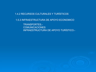 1.4.2 RECURSOS CULTURALES Y TURÍSTICOS   1.5.3 INFRAESTRUCTURA DE APOYO ECONOMICO  TRANSPORTES.- COMUNICACIONES INFRAESTRUCTURA DE APOYO TURÍSTICO.- 