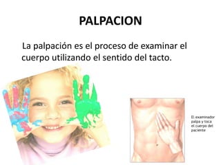 PALPACION
La palpación es el proceso de examinar el
cuerpo utilizando el sentido del tacto.
 