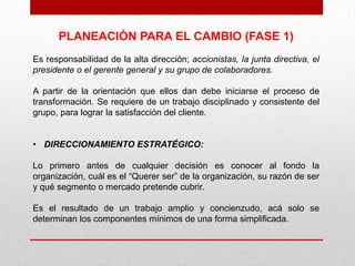 PLANEACIÓN PARA EL CAMBIO (FASE 1)
Es responsabilidad de la alta dirección; accionistas, la junta directiva, el
presidente o el gerente general y su grupo de colaboradores.

A partir de la orientación que ellos dan debe iniciarse el proceso de
transformación. Se requiere de un trabajo disciplinado y consistente del
grupo, para lograr la satisfacción del cliente.


• DIRECCIONAMIENTO ESTRATÉGICO:

Lo primero antes de cualquier decisión es conocer al fondo la
organización, cuál es el “Querer ser” de la organización, su razón de ser
y qué segmento o mercado pretende cubrir.

Es el resultado de un trabajo amplio y concienzudo, acá solo se
determinan los componentes mínimos de una forma simplificada.
 