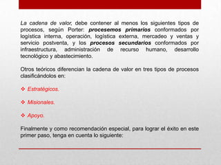 La cadena de valor, debe contener al menos los siguientes tipos de
procesos, según Porter: procesemos primarios conformados por
logística interna, operación, logística externa, mercadeo y ventas y
servicio postventa, y los procesos secundarios conformados por
infraestructura, administración de recurso humano, desarrollo
tecnológico y abastecimiento.

Otros teóricos diferencian la cadena de valor en tres tipos de procesos
clasificándolos en:

 Estratégicos.

 Misionales.

 Apoyo.

Finalmente y como recomendación especial, para lograr el éxito en este
primer paso, tenga en cuenta lo siguiente:
 