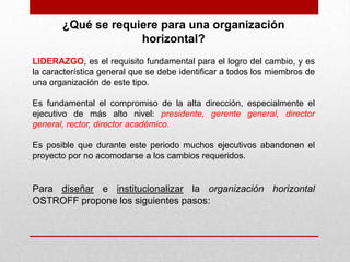 ¿Qué se requiere para una organización
                    horizontal?
LIDERAZGO, es el requisito fundamental para el logro del cambio, y es
la característica general que se debe identificar a todos los miembros de
una organización de este tipo.

Es fundamental el compromiso de la alta dirección, especialmente el
ejecutivo de más alto nivel: presidente, gerente general, director
general, rector, director académico.

Es posible que durante este periodo muchos ejecutivos abandonen el
proyecto por no acomodarse a los cambios requeridos.


Para diseñar e institucionalizar la organización horizontal
OSTROFF propone los siguientes pasos:
 