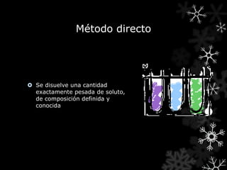 Método directo




 Se disuelve una cantidad
  exactamente pesada de soluto,
  de composición definida y
  conocida
 