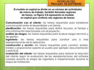 El modelo en espiral se divide en un número de actividades
            de marco de trabajo, también llamadas regiones
              de tareas. La Figura 2.8 representa un modelo
             en espiral que contiene seis regiones de tareas:

Comunicación con el cliente- las tareas requeridas para establecer
comunicación entre el desarrollador y el cliente.
planificación- las tareas requeridas para definir recursos, el tiempo y
otra información relacionadas con el proyecto.
análisis de riesgos- las tareas requeridas para evaluar riesgos técnicos y
de gestión.
ingeniería- las tareas requeridas para construir una o más
representaciones de la aplicación.
construcción y acción- las tareas requeridas para construir, probar,
instalar y proporcionar soporte al usuario (por ejemplo: documentación
y práctica)
evaluación del cliente- las tareas requeridas para obtener la reacción
del cliente según la evaluación de las representaciones del software
creadas durante la etapa de ingeniería e implementada durante la
etapa de instalación.
 
