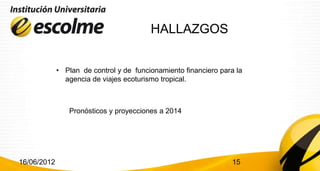 HALLAZGOS


             • Plan de control y de funcionamiento financiero para la
               agencia de viajes ecoturismo tropical.



                Pronósticos y proyecciones a 2014




16/06/2012                                                       15
 