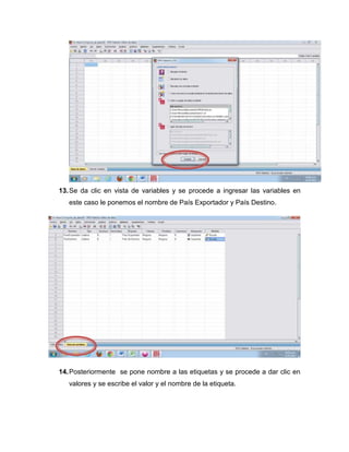 13. Se da clic en vista de variables y se procede a ingresar las variables en
   este caso le ponemos el nombre de País Exportador y País Destino.




14. Posteriormente se pone nombre a las etiquetas y se procede a dar clic en
   valores y se escribe el valor y el nombre de la etiqueta.
 