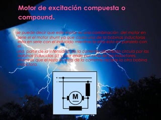 se puede decir que este motor es una combinación del motor en
 serie el el motor shunt ya que cada una de la bobinas inductoras
 esta en serie con el inducido mientras la otra esta en paralelo con
 el.
una parte de la intensidad de la corriente absorbida circula por las
 bobinas inducidas (Ii) y, por ende por unas de las inductores,
 mientras que el resto el resto de la corriente recorre la otra bobina
 inductora.
 