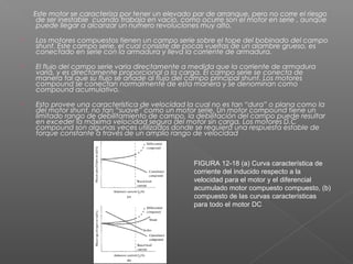 Este motor se caracteriza por tener un elevado par de arranque, pero no corre el riesgo
     de ser inestable cuando trabaja en vacío, como ocurre son el motor en serie , aunque
     puede llegar a alcanzar un numero revoluciones muy alto.

   Los motores compuestos tienen un campo serie sobre el tope del bobinado del campo
    shunt. Este campo serie, el cual consiste de pocas vueltas de un alambre grueso, es
    conectado en serie con la armadura y lleva la corriente de armadura.

   El flujo del campo serie varia directamente a medida que la corriente de armadura
    varia, y es directamente proporcional a la carga. El campo serie se conecta de
    manera tal que su flujo se añade al flujo del campo principal shunt. Los motores
    compound se conectan normalmente de esta manera y se denominan como
    compound acumulativo.

   Esto provee una característica de velocidad la cual no es tan “dura” o plana como la
    del motor shunt, no tan “suave” como un motor serie. Un motor compound tiene un
    limitado rango de debilitamiento de campo, la debilitación del campo puede resultar
    en exceder la máxima velocidad segura del motor sin carga. Los motores D.C
    compound son algunas veces utilizados donde se requiera una respuesta estable de
    torque constante a través de un amplio rango de velocidad



                                                   FIGURA 12-18 (a) Curva característica de
                                                   corriente del inducido respecto a la
                                                   velocidad para el motor y el diferencial
                                                   acumulado motor compuesto compuesto, (b)
                                                   compuesto de las curvas características
                                                   para todo el motor DC
 