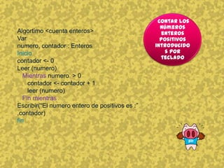 Contar los
                                                  números
Algortimo <cuenta enteros>                         enteros
Var                                               positivos
numero, contador : Enteros                      introducido
Inicio                                              s por
                                                  teclado
contador <- 0
Leer (numero)
   Mientras numero > 0
     contador <- contador + 1
     leer (numero)
   Fin mientras
Escribir(“El numero entero de positivos es :”
,contador)
fin
 