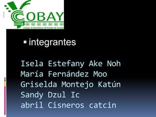  integrantes

Isela Estefany Ake Noh
María Fernández Moo
Griselda Montejo Katún
Sandy Dzul Ic
abril Cisneros catcin
 