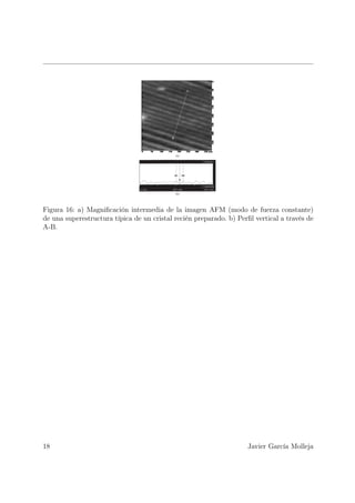Figura 16: a) Magniﬁcación intermedia de la imagen AFM (modo de fuerza constante)
de una superestructura típica de un cristal recién preparado. b) Perﬁl vertical a través de
A-B.




18                                                                  Javier García Molleja
 