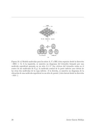 Figura 18: a) Modelo molecular para los sitios A, C y BR (vista superior desde la dirección
<0001>). b) A la izquierda, se muestra un diagrama del tetraedro formado por una
molécula superﬁcial apoyada en un sitio A ó C (los vértices del tetraedro están en el
centro de las moléculas de C70 ); la molécula central de la parte inferior yace detrás de
las otras dos moléculas de la capa inferior. A la derecha, se muestra un diagrama de la
ubicación de una molécula superﬁcial en un sitio de puente (vista lateral desde la dirección
<010>).




20                                                                   Javier García Molleja
 