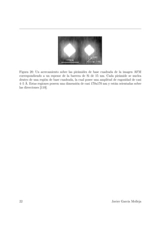 Figura 20: Un acercamiento sobre las pirámides de base cuadrada de la imagen AFM
correspondiendo a un espesor de la barrera de Si de 15 nm. Cada pirámide se nuclea
dentro de una región de base cuadrada, la cual posee una amplitud de rugosidad de casi
4–5 Å. Estas regiones poseen una dimensión de casi 170x170 nm y están orientadas sobre
las direcciones [110].




22                                                               Javier García Molleja
 