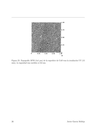 Figura 25: Topografía AFM (1x1 µm) de la superﬁcie de CoO tras la irradiación UV (15
min), la rugosidad rms medida es 0,6 nm.




26                                                             Javier García Molleja
 