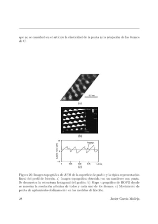 que no se consideró en el artículo la elasticidad de la punta ni la relajación de los átomos
de C.




Figura 26: Imagen topográﬁca de AFM de la superﬁcie de graﬁto y la típica representación
lineal del perﬁl de fricción. a) Imagen topográﬁca obtenida con un cantilever con punta.
Se demuestra la estructura hexagonal del graﬁto. b) Mapa topográﬁco de HOPG donde
se muestra la resolución atómica de todos y cada uno de los átomos. c) Movimiento de
punta de apilamiento-deslizamiento en las medidas de fricción.

28                                                                   Javier García Molleja
 