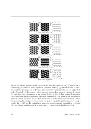 C
Figura 31: Mapas simulados del ángulo de torsión del cantilever −θx (columna de la
izquierda) y la distancia punta-superﬁcie (columna central) zt y 13 caminos de la punta
del cantilever (columna de la derecha) para diferentes combinaciones de las cargas nor-
males, longitudes de las puntas y direcciones de barrido. Los mapas del ángulo de torsión
del cantilever son equivalentes a los mapas de fuerza lateral. Los mapas de distancia
punta-superﬁcie son equivalentes a los mapas topográﬁcos. Los datos de los mapas están
promediados en una celda unidad. Los caminos de la punta están «con resolución tempo-
ral», es decir, los caminos se representan por puntos separados por intervalos de tiempo
iguales ∆t = 0, 05 ms. La variación de altura en todos los mapas topográﬁcos es de casi
0,03 nm, lo que está bastante de acuerdo con el experimento y el cálculo teórico.




32                                                                 Javier García Molleja
 