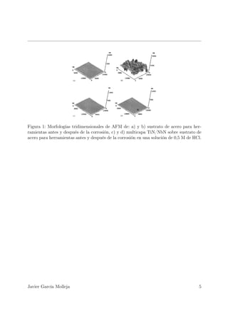 Figura 1: Morfologías tridimensionales de AFM de: a) y b) sustrato de acero para her-
ramientas antes y después de la corrosión, c) y d) multicapa TiN/NbN sobre sustrato de
acero para herramientas antes y después de la corrosión en una solución de 0,5 M de HCl.




Javier García Molleja                                                                 5
 