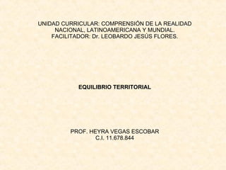 UNIDAD CURRICULAR: COMPRENSIÓN DE LA REALIDAD NACIONAL, LATINOAMERICANA Y MUNDIAL. FACILITADOR: Dr. LEOBARDO JESÚS FLORES. EQUILIBRIO TERRITORIAL PROF. HEYRA VEGAS ESCOBAR C.I. 11.678.844 