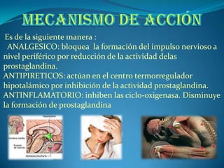 Es de la siguiente manera :
ANALGESICO: bloquea la formación del impulso nervioso a
nivel periférico por reducción de la actividad delas
prostaglandina.
ANTIPIRETICOS: actúan en el centro termorregulador
hipotalámico por inhibición de la actividad prostaglandina.
ANTINFLAMATORIO: inhiben las ciclo-oxigenasa. Disminuye
la formación de prostaglandina
 
