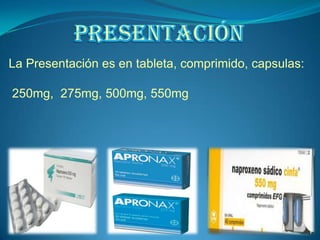 La Presentación es en tableta, comprimido, capsulas:
250mg, 275mg, 500mg, 550mg
 