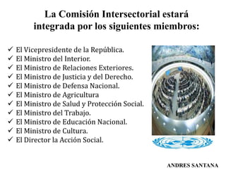 La Comisión Intersectorial estará
integrada por los siguientes miembros:
El Vicepresidente de la República.
El Ministro del Interior.
El Ministro de Relaciones Exteriores.
El Ministro de Justicia y del Derecho.
El Ministro de Defensa Nacional.
El Ministro de Agricultura
El Ministro de Salud y Protección Social.
El Ministro del Trabajo.
El Ministro de Educación Nacional.
El Ministro de Cultura.
El Director la Acción Social.
ANDRES SANTANA