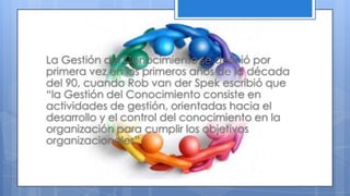 La Gestión del Conocimiento se definió por
primera vez en los primeros años de la década
del 90, cuando Rob van der Spek escribió que
“la Gestión del Conocimiento consiste en
actividades de gestión, orientadas hacia el
desarrollo y el control del conocimiento en la
organización para cumplir los objetivos
organizacionales”
 