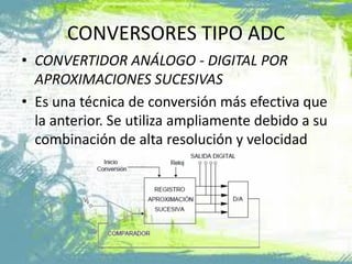 CONVERSORES TIPO ADC
• CONVERTIDOR ANÁLOGO - DIGITAL POR
APROXIMACIONES SUCESIVAS
• Es una técnica de conversión más efectiva que
la anterior. Se utiliza ampliamente debido a su
combinación de alta resolución y velocidad
 
