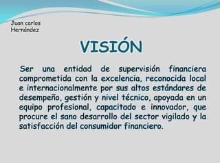VISIÓN
Ser una entidad de supervisión financiera
comprometida con la excelencia, reconocida local
e internacionalmente por sus altos estándares de
desempeño, gestión y nivel técnico, apoyada en un
equipo profesional, capacitado e innovador, que
procure el sano desarrollo del sector vigilado y la
satisfacción del consumidor financiero.
Juan carlos
Hernández
 