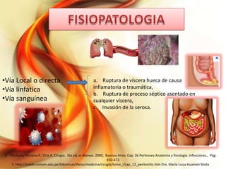 •Vía Local o directa
•Vía linfática
•Vía sanguínea

a. Ruptura de víscera hueca de causa
inflamatoria o traumática,
b. Ruptura de proceso séptico asentado en
cualquier víscera,
c. Invasión de la serosa.

1. Michans, Ferraina P., Oría A. Cirugia. 5ta ed, el Ateneo. 2000, Buenos Aires: Cap. 36 Peritoneo Anatomía y fisiología. Infecciones., Pág:
450-472.
3. http://sisbib.unmsm.edu.pe/bibvirtual/libros/medicina/cirugia/tomo_i/cap_12_peritonitis.htm Dra. María Luisa Huamán Malla

 