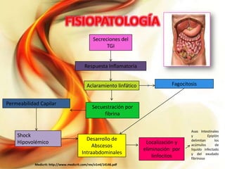 Secreciones del
TGI

Respuesta Inflamatoria
Aclaramiento linfático
Permeabilidad Capilar

Shock
Hipovolémico

Fagocitosis

Secuestración por
fibrina

Desarrollo de
Abscesos
Intraabdominales

Medicrit: http://www.medicrit.com/rev/v1n4/14146.pdf

Localización y
eliminación por
linfocitos

Asas Intestinales
y
Epiplón
delimitan
los
acúmulos
de
liquido infectado
y del exudado
fibrinoso

 