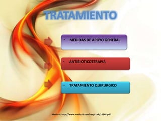 •

MEDIDAS DE APOYO GENERAL

•

ANTIBIOTICOTERAPIA

•

TRATAMIENTO QUIRURGICO

Medicrit: http://www.medicrit.com/rev/v1n4/14146.pdf

 