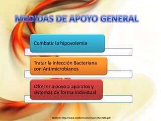 Combatir la hipovolemia

Tratar la infección Bacteriana
con Antimicrobianos
Ofrecer a poyo a aparatos y
sistemas de forma individual

Medicrit: http://www.medicrit.com/rev/v1n4/14146.pdf

 