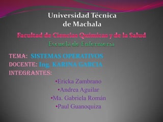 Universidad Técnica
de Machala

Tema: SISTEMAS OPERATIVOS
Docente: Ing. KARINA GARCIA
INTEGRANTES:
•Ericka Zambrano
•Andrea Aguilar
•Ma. Gabriela Román
•Paul Guanoquiza

 