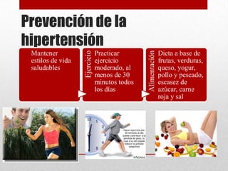 Prevención de la
hipertensión
Mantener
estilos de vida
saludables
Ejercicio
Practicar
ejercicio
moderado, al
menos de 30
minutos todos
los días
Alimentación
Dieta a base de
frutas, verduras,
queso, yogur,
pollo y pescado,
escasez de
azúcar, carne
roja y sal
 