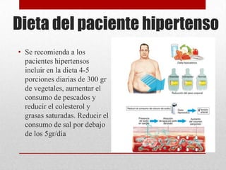 Dieta del paciente hipertenso
• Se recomienda a los
pacientes hipertensos
incluir en la dieta 4-5
porciones diarias de 300 gr
de vegetales, aumentar el
consumo de pescados y
reducir el colesterol y
grasas saturadas. Reducir el
consumo de sal por debajo
de los 5gr/dia
 