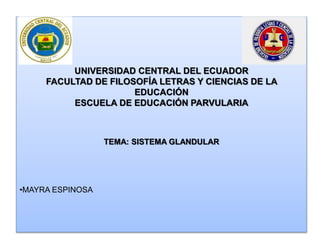 UNIVERSIDAD CENTRAL DEL ECUADOR
FACULTAD DE FILOSOFÍA LETRAS Y CIENCIAS DE LA
EDUCACIÓN
ESCUELA DE EDUCACIÓN PARVULARIA
TEMA: SISTEMA GLANDULAR
•MAYRA ESPINOSA
 